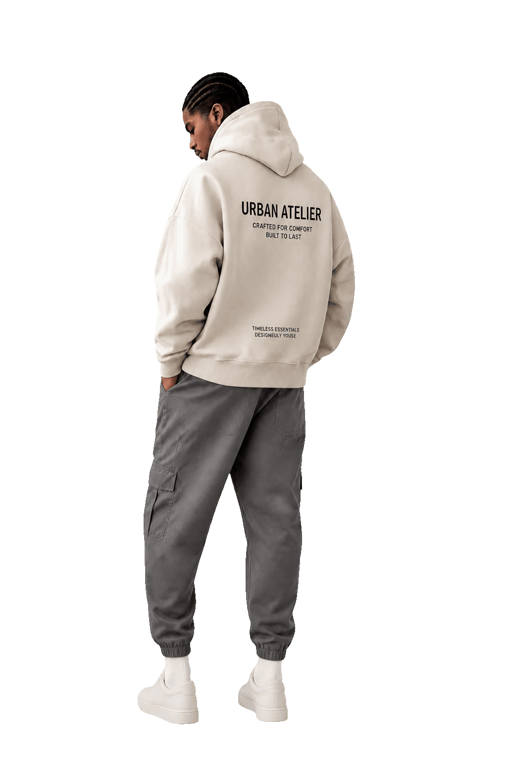 Model wearing the Louthies Hoodie from the Urban Atelier collection